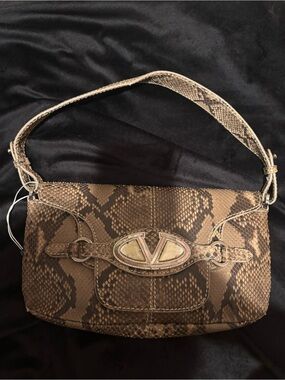 Valentino Python Snakeskin Crystal Embellished Logo Handle Bag